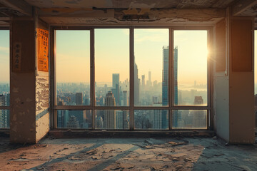 City skyline view from an abandoned office