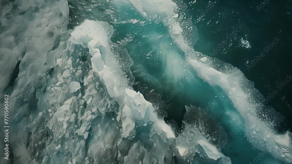Poster the jagged edges of icebergs jut out from the crystalclear waters a stark contrast to the smooth fro