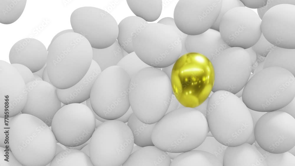 Poster realistic looping 3d animation of the white chicken eggs and single satin gold egg are falling from 