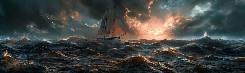 A real photographic landscape painting with incomparable reality,Super wide,Ominous sky,Sailing boat,Wooden boat,Lotus,Huge waves - Powered by Adobe