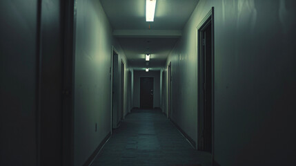 A dim hallway with doors slightly ajar symbolizing choices and uncertainty in ones path. - obrazy, fototapety, plakaty