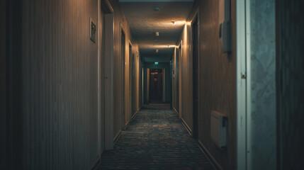A dim hallway with doors slightly ajar symbolizing choices and uncertainty in ones path. - obrazy, fototapety, plakaty
