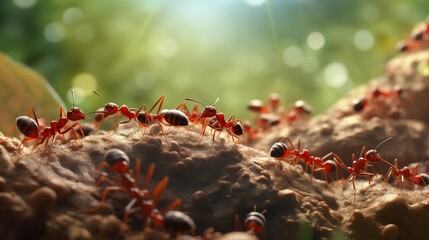 A lifelike HD animation capturing the moment of a red worker ant engaging in its tasks, while other ants start to materialize against a backdrop featuring subtle tones of beige and lush green - obrazy, fototapety, plakaty
