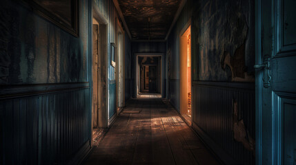 Fototapeta na wymiar A dim hallway with doors slightly ajar symbolizing choices and uncertainty in ones path.