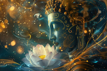 Fototapeta premium A digital illustration of the Buddha's head with lotus flowers, with golden and blue hues on a dark background