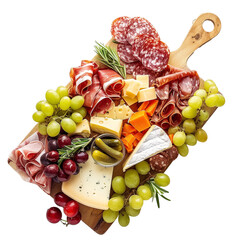 An artisan cheese and charcuterie board with an array of meats, cheeses, and fruits, isolated on transparent background