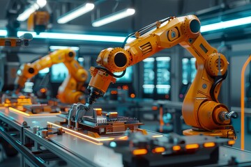 Robotic Arm Assembling High-Tech Components, Industry 4.0 Automation, Smart Factory Concept, 3D Rendering