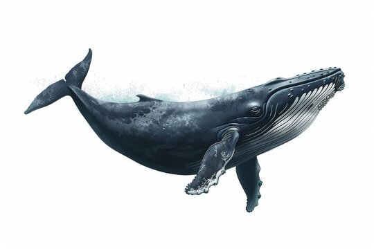 Realistic Whale Illustration Isolated on White Background, Detailed Marine Animal Drawing