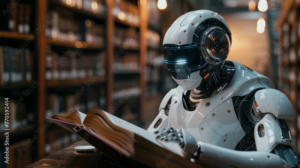 Poster ai robot reading a book in the library. collaboratively studying from a vast array of textbooks. mac