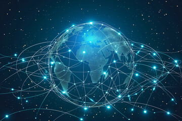 Global satellite communication showing big data being transmitted across the world while using the internet by the use of worldwide artificial intelligence, stock illustration image