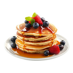 A stack of fluffy buttermilk pancakes topped with maple syrup and fresh berries, isolated on transparent background