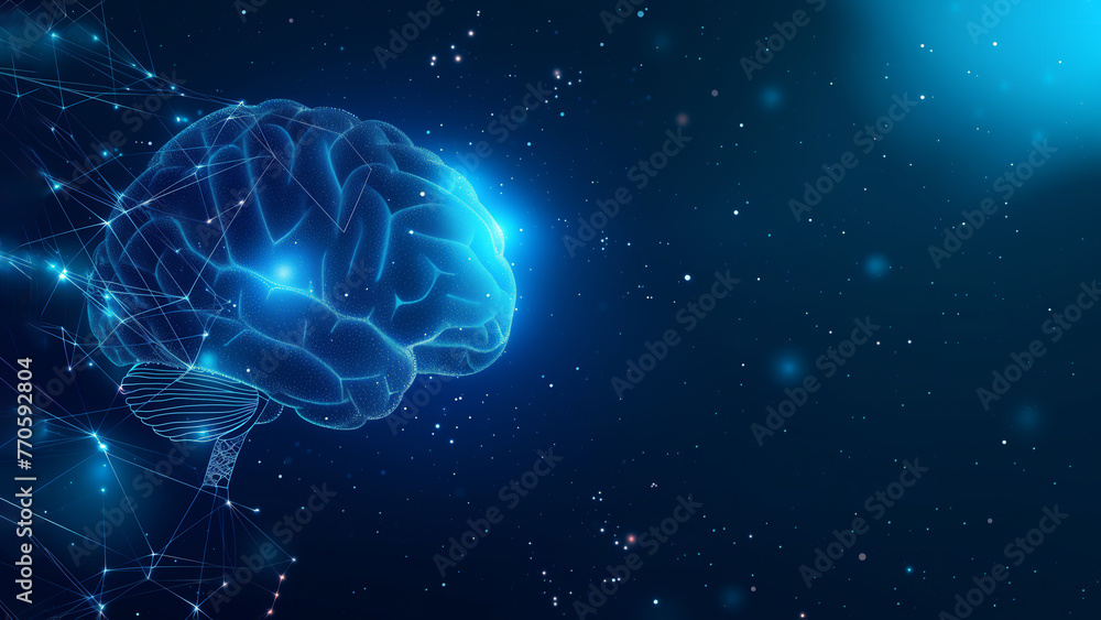 Wall mural blue neon human brain showing intelligent thinking, processing through the concept of a neural netwo