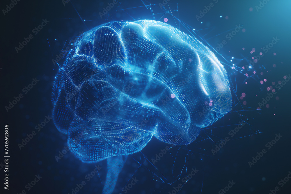 Wall mural blue neon human brain showing intelligent thinking, processing through the concept of a neural netwo