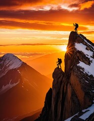A climber is silhouetted against a striking sunset, poised on the sharp crest of a snowy mountain. The image captures the spirit of adventure and the dramatic beauty of mountain sports.