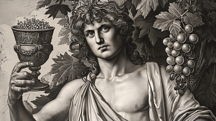 Engraved portrait of Bacchus the Roman god of wine who's father was Jupiter, the Greek equivalent is Dionysus, computer, black and white monochrome stock illustration image - obrazy, fototapety, plakaty