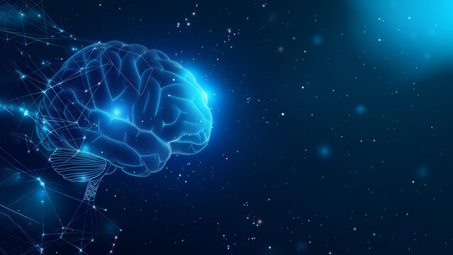 Blue neon human brain showing intelligent thinking, processing through the concept of a neural network circuit of big data and artificial intelligence, stock illustration image