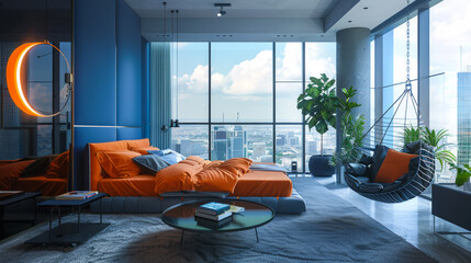 A bedroom with a large window and a hanging chair. The room is decorated in a modern style with an orange bedspread and a potted plant - obrazy, fototapety, plakaty