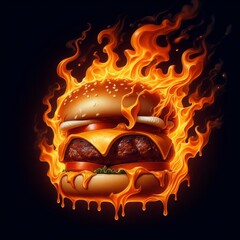 a hamburger with a hamburger on it that is burning in flames