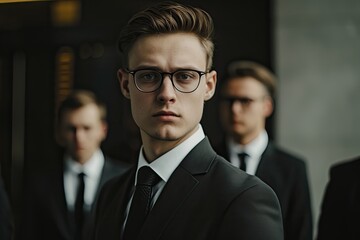 young manager in business suit and tie standing with other men, in the style of narrative depictions, dark and brooding designer, furaffinity, photo taken with provia, non-representational forms,