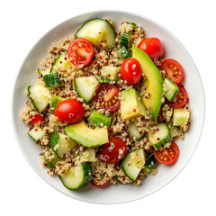 A hearty bowl of quinoa salad with avocado, cherry tomatoes, and cucumber, isolated on transparent background