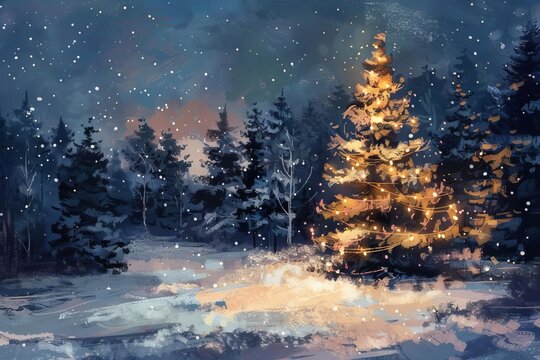 Sparkling Christmas Tree Landscape at Night, Festive Winter Holiday Scene, Digital Painting