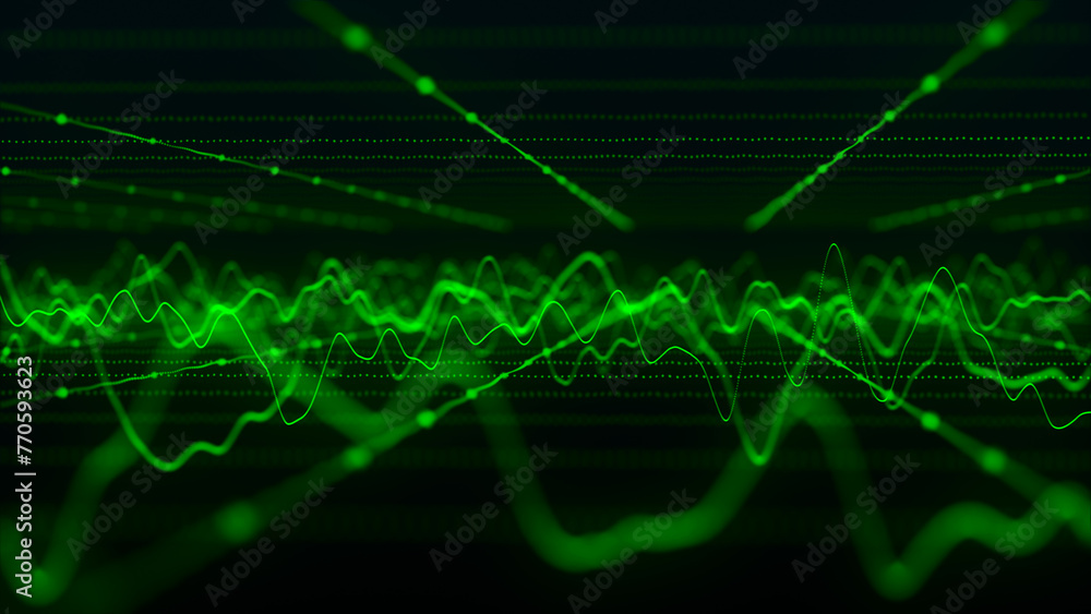 Poster wave of particles. futuristic pattern of dots and lines on a dark background. visualization of sound