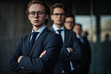 young manager in business suit and tie standing with other men, in the style of narrative depictions, dark and brooding designer, furaffinity, photo taken with provia, non-representational forms,