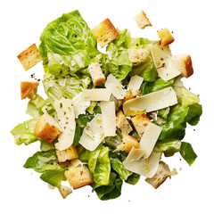 A classic Caesar salad with crisp romaine, parmesan shavings, and croutons, isolated on transparent background