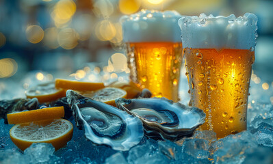 A couple of glasses of beer are on a table with oysters and oranges. The beer is cold and the table is covered in ice