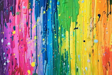 Vibrant abstract paint splatter background with liquid drips and splatters in rainbow colors, acrylic - obrazy, fototapety, plakaty