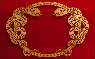 Happy chinese new year 2025 the snake zodiac sign with flower,lantern,asian elements snake logo red and gold paper cut style on color background. ( Translation : happy new year 2025 year of the snake 
