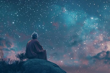 Fototapeta na wymiar A man sits on top of a rock gazing up at a sky filled with stars, contemplating the mysteries of the universe. Generative AI