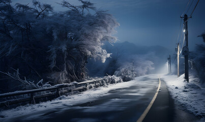 Winter landscape with road and trees in the fog. 3d rendering