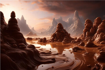 Chocolate landscape. Fantastic view. AI - obrazy, fototapety, plakaty