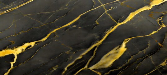 black marble background with yellow veins. Generative AI.