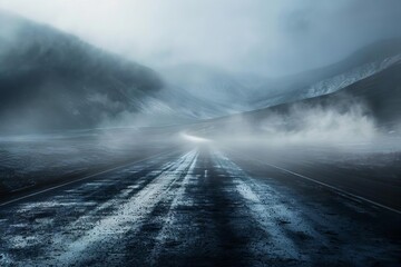 Moody mountain landscape with dark asphalt road and mysterious white mist, abstract product display background illustration - obrazy, fototapety, plakaty