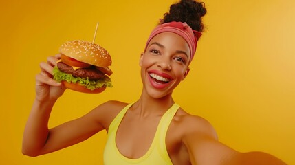 Smiling woman in sportswear presenting a delicious burger against a yellow background.