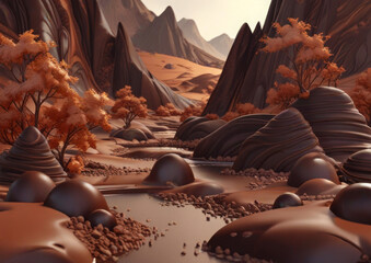 Chocolate landscape. Fantastic view. AI - obrazy, fototapety, plakaty
