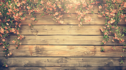 A wooden frame with pink flowers growing out of it. The frame is empty and the flowers are the main focus of the image
