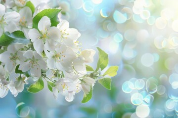 Panoramic spring background with white apple blossoms and soft bokeh, nature banner