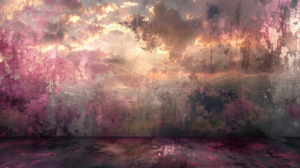 A wall with a pink background and a cloudy sky. The wall is covered in graffiti and has a lot of texture. The sky is pink and cloudy, giving the room a moody and mysterious atmosphere