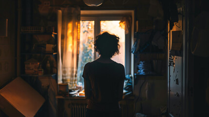 A figure standing at the edge of a cluttered dark room looking out a small window with hope. - obrazy, fototapety, plakaty