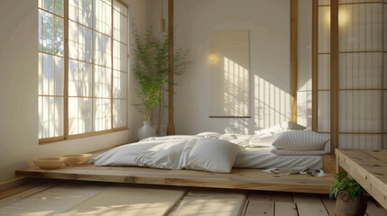A peaceful bedroom with a traditional Japanese low bed, sliding doors, and serene natural light from the window