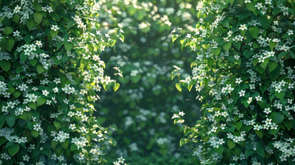 Fototapeta na wymiar A lush green garden with a path through it. The flowers are white and the leaves are green