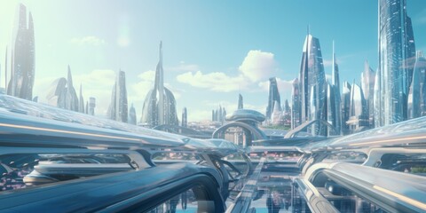 Futuristic City Skyline with Flying Vehicles in Sci-Fi Cyberpunk Environment