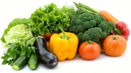 A variety of vegetables and fruits are displayed on a white background. The vegetables include broccoli, carrots, and tomatoes, while the fruits include a banana and an orange