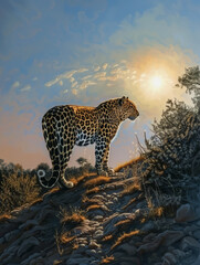 A leopard is standing on a rocky hillside, looking up at the sun. The scene is serene and peaceful, with the sun shining brightly in the sky
