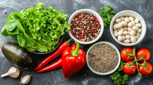 A variety of vegetables and spices are displayed in bowls on a counter. The vegetables include lettuce, peppers, tomatoes, and beans. The spices include pepper, cumin, and garlic