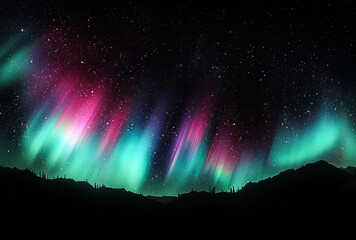 A dark sky with a beautiful aurora borealis. The sky is filled with stars and the aurora is bright and colorful