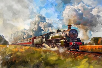 Vintage Steam Train Crossing Countryside Landscape, Nostalgic Railroad Journey, Digital Painting - obrazy, fototapety, plakaty